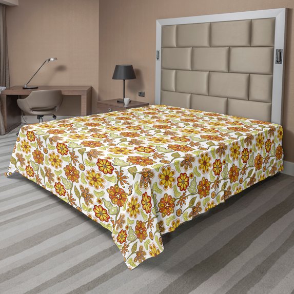 Ambesonne Floral Flat Sheet, Colorful Cartoon Flowers, California King, Mustard Vermilion White