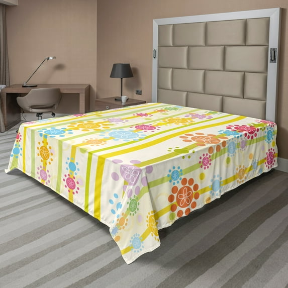 Ambesonne Floral Flat Sheet, Colorful Cartoon Style, Full Size, Multicolor