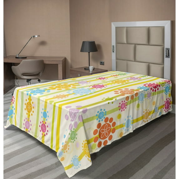 Ambesonne Floral Flat Sheet, Colorful Cartoon Style, TwinXL Size, Multicolor