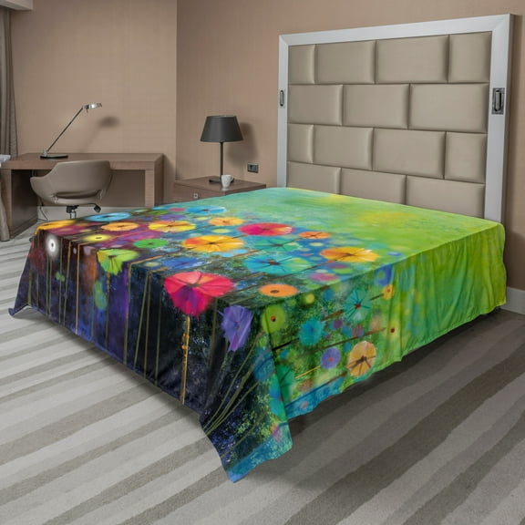 Ambesonne Floral Flat Sheet, Colorful Dandelions, Full Size, Multicolor