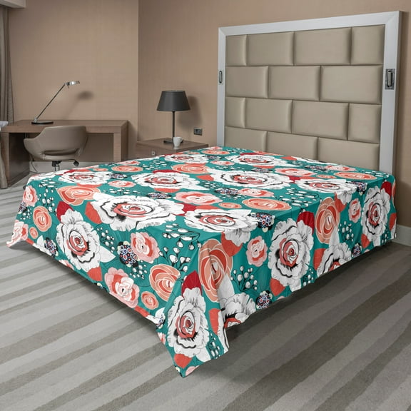 Ambesonne Floral Flat Sheet, Colorful Flower Arrangements, King Size, Dark Seafoam Multicolor