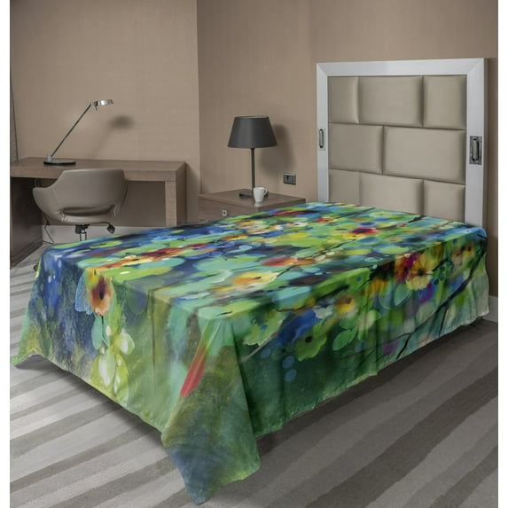 Ambesonne Floral Flat Sheet, Colorful Flower on Tree, Twin Size, Green Blue