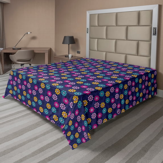 Ambesonne Floral Flat Sheet, Colorful Flowers Love, Full Size, Indigo and Multicolor