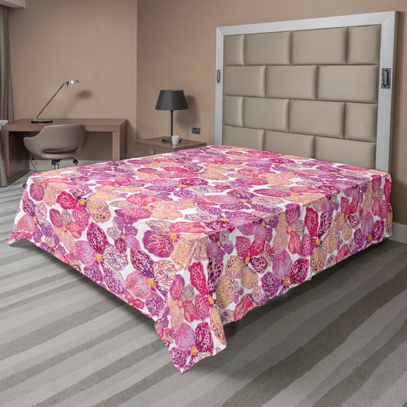 Ambesonne Floral Flat Sheet, Colorful Flowers Ornaments, California King, Pink and Fuchsia