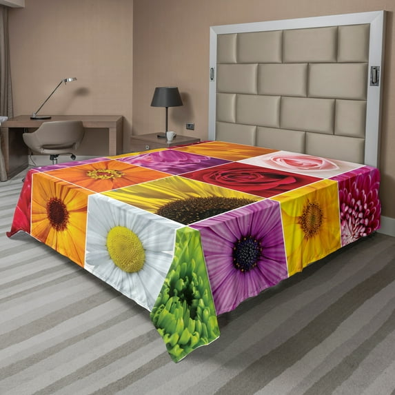 Ambesonne Floral Flat Sheet, Colorful Flowers Rose, King Size, Orange Yellow Pink