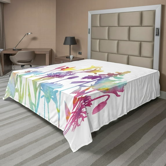 Ambesonne Floral Flat Sheet, Colorful Ombre Floral Art, Queen Size, Multicolor