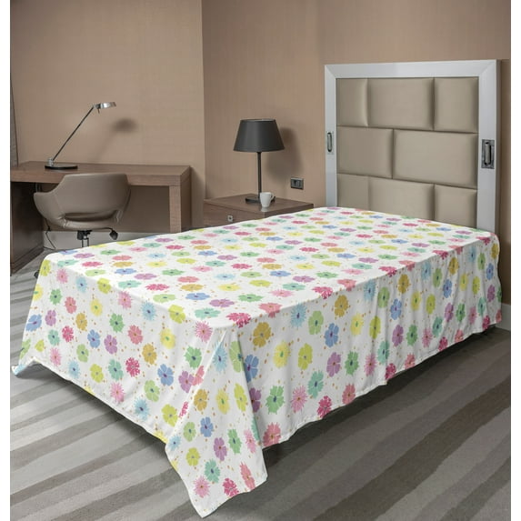 Ambesonne Floral Flat Sheet, Colorful Paint Blots Flowers, TwinXL Size, Multicolor