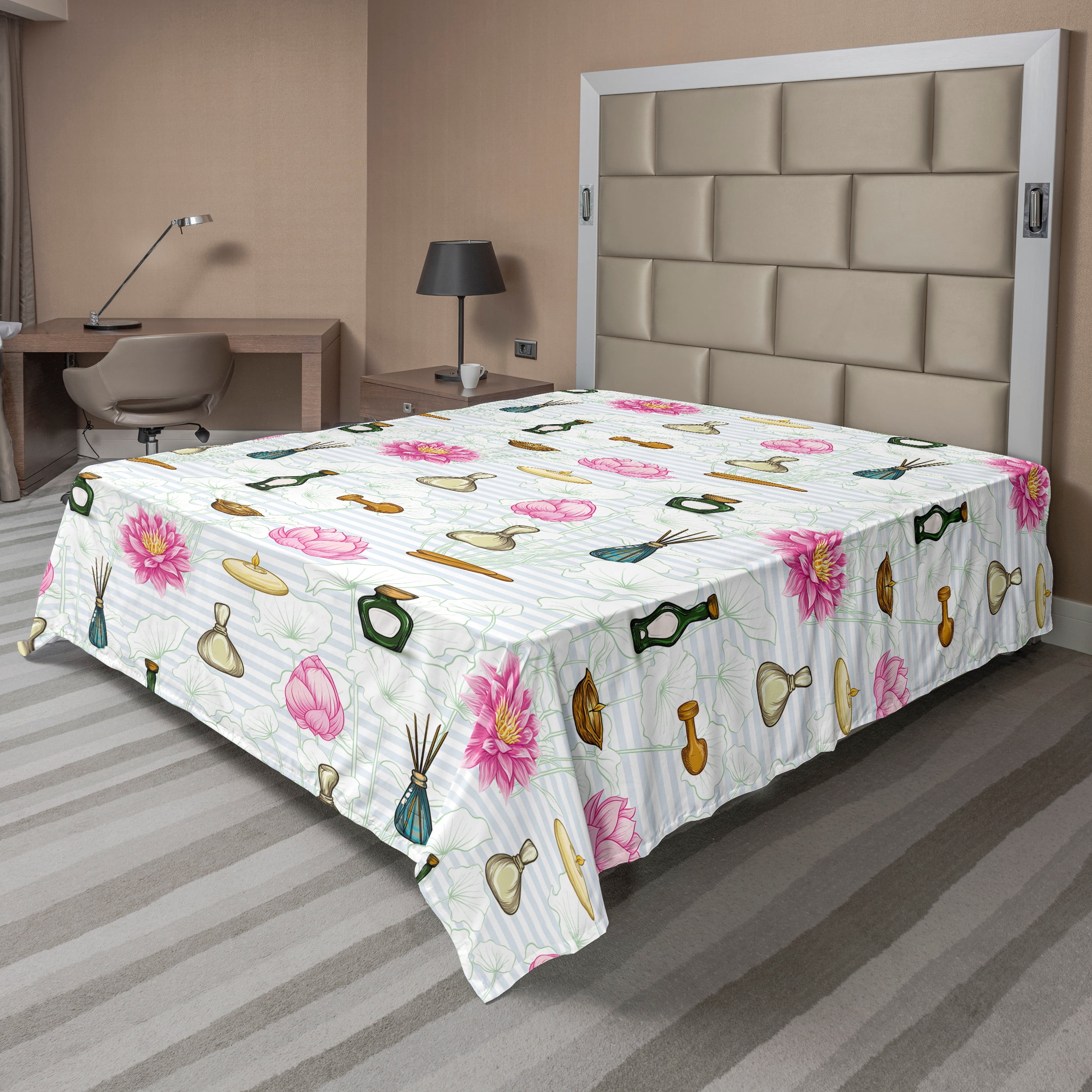 Queen Pink and White Floral Polyester Flat Sheet