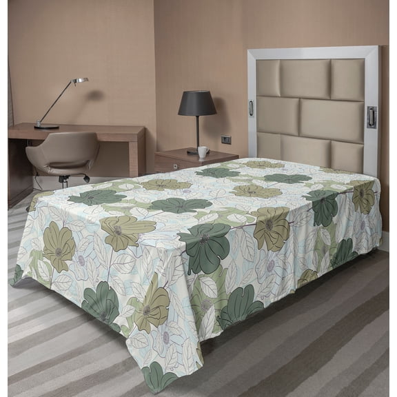 Ambesonne Floral Flat Sheet, Colorful Roses and Leaves, Twin Size, White Laurel Green