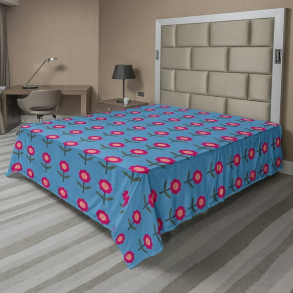 Ambesonne Floral Flat Sheet, Computer Graphics Flowers, Queen Size, Sea Blue Magenta