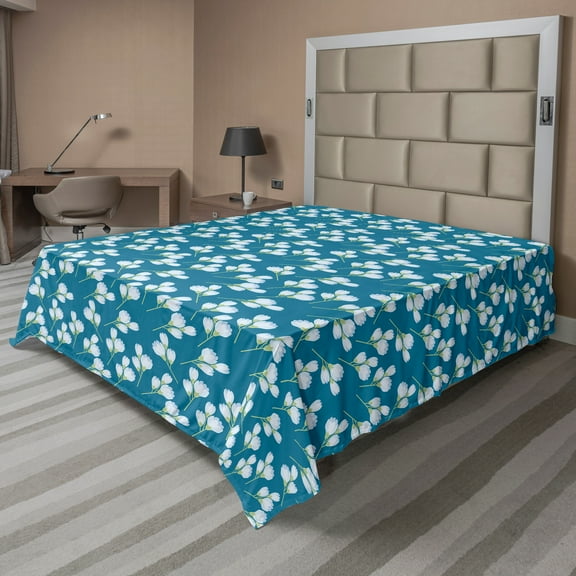 Ambesonne Floral Flat Sheet, Continuous Growing Flowers, Queen Size, Sea Blue and Pastel Green