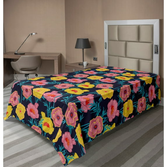 Ambesonne Floral Flat Sheet, Continuous Meadow Flowers, TwinXL Size, Dark Blue Multicolor