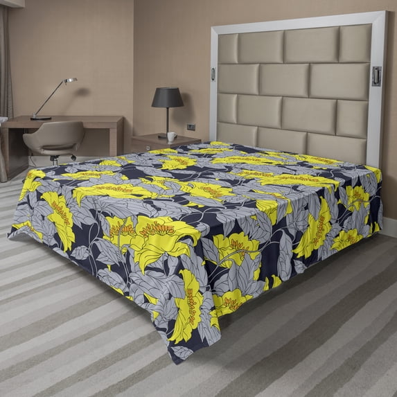 Ambesonne Floral Flat Sheet, Contrast Tones Florets, Full Size, Yellow and Grey