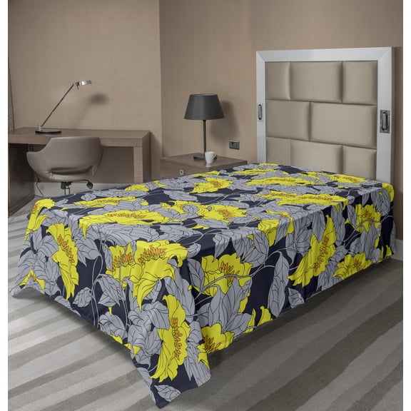Ambesonne Floral Flat Sheet, Contrast Tones Florets, TwinXL Size, Yellow and Grey