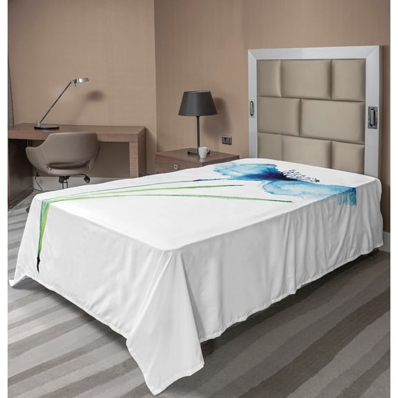 Ambesonne Floral Flat Sheet, Cornflower Botany, Twin Size, Navy Blue White Green