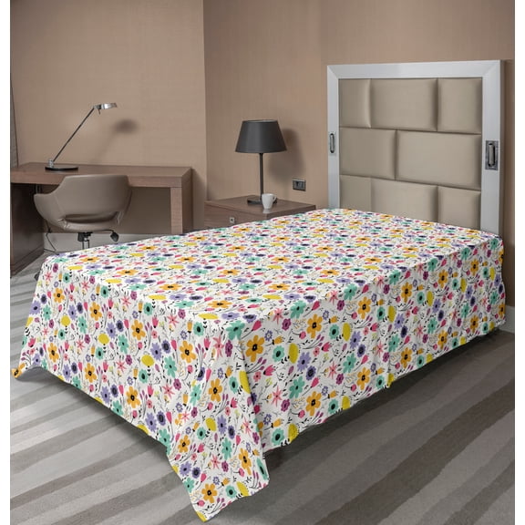 Ambesonne Floral Flat Sheet, Creative Blossoms Spring, TwinXL Size, Multicolor