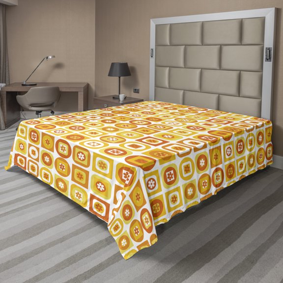 Ambesonne Floral Flat Sheet, Cubes Squares Geometric Art, King Size, Orange Mustard