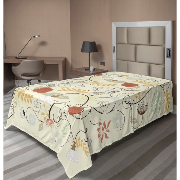 Ambesonne Floral Flat Sheet, Curlicue Motifs Flower Leaf, TwinXL Size, Cream Pale Caramel