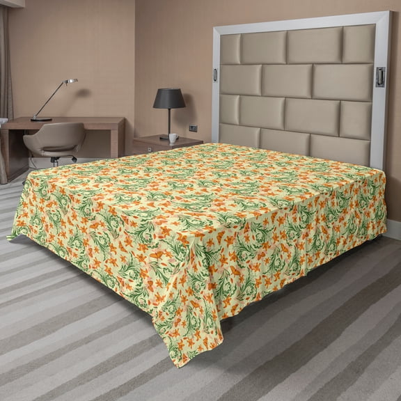 Ambesonne Floral Flat Sheet, Curved Flowers Butterflies, Full Size, Cream Orange and Olive Green