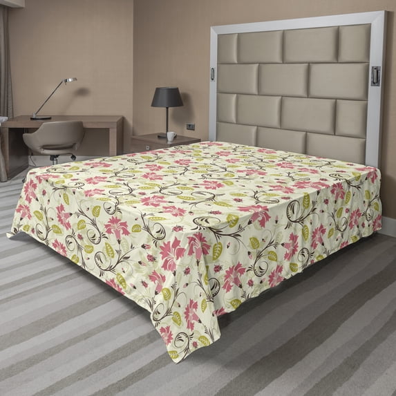 Ambesonne Floral Flat Sheet, Curving Flower Pattern Art, Full Size, Pale Green and Pink