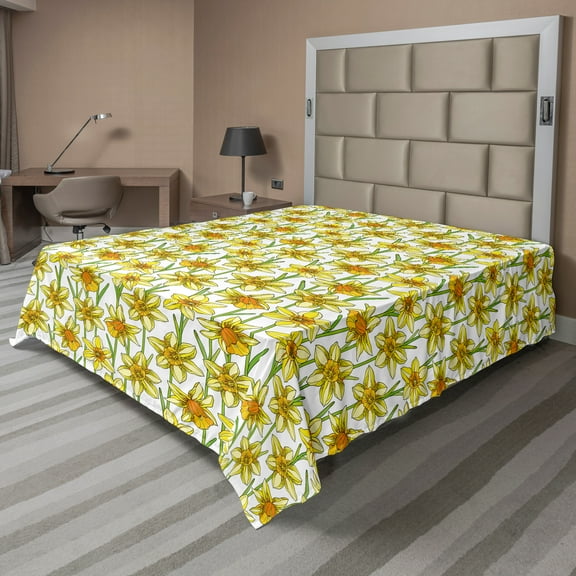 Ambesonne Floral Flat Sheet, Daffodil Bouquets Blossoms, King Size, Yellow Apricot and Green