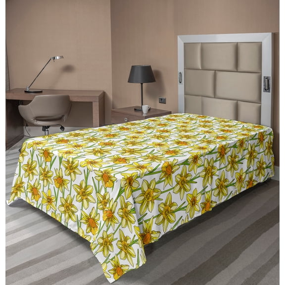 Ambesonne Floral Flat Sheet, Daffodil Bouquets Blossoms, Twin Size, Yellow Apricot and Green