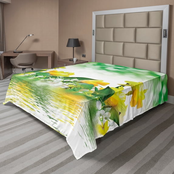 Ambesonne Floral Flat Sheet, Daffodil Garden Art on Water, California King, Green and Yellow
