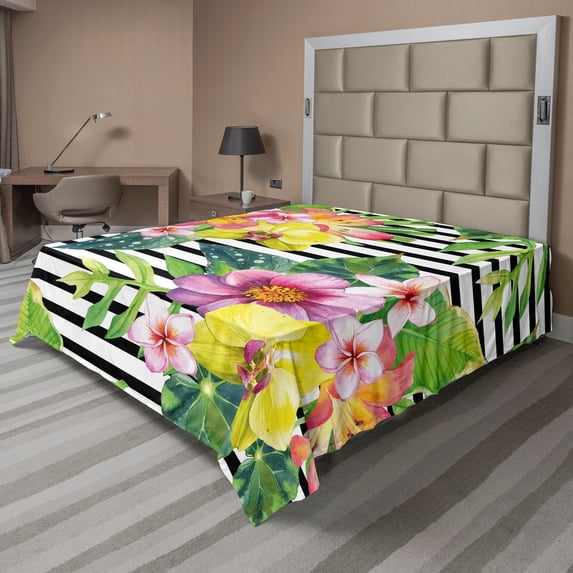 Ambesonne Floral Flat Sheet, Dahlia Begonia Flowers Print, King Size, Multicolor