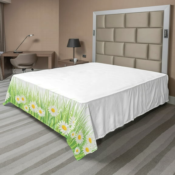 Ambesonne Floral Flat Sheet, Daisies in the Grass, Full Size, Green White Yellow