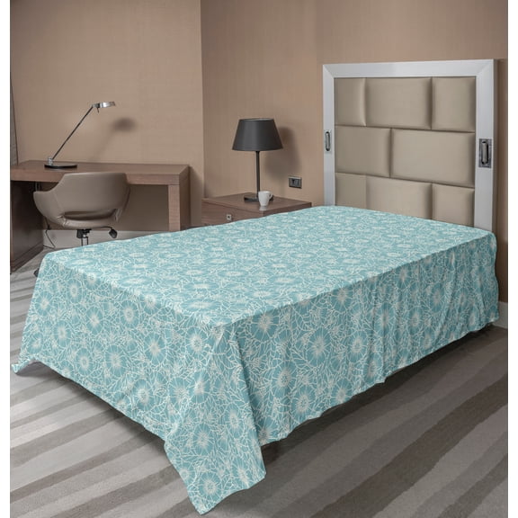 Ambesonne Floral Flat Sheet, Daisy Blooms Outline Doodle, Twin Size, Pale Blue Off White