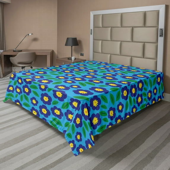 Ambesonne Floral Flat Sheet, Daisy Cartoon Motifs Art, Full Size, Deep Sky Blue Multicolor