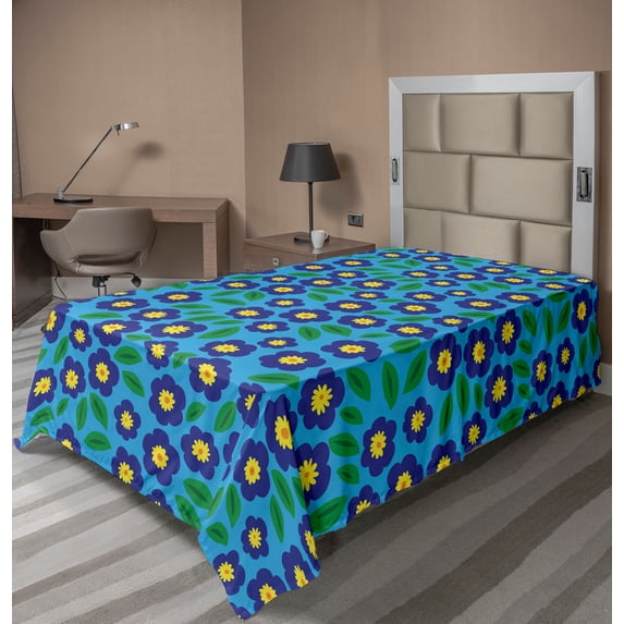 Ambesonne Floral Flat Sheet, Daisy Cartoon Motifs Art, Twin Size, Deep Sky Blue Multicolor