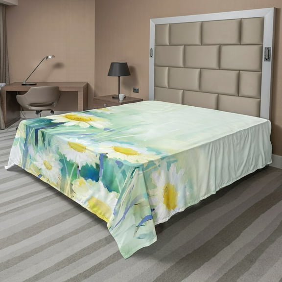 Ambesonne Floral Flat Sheet, Daisy Flower Field Art, Full Size, Pale Blue White