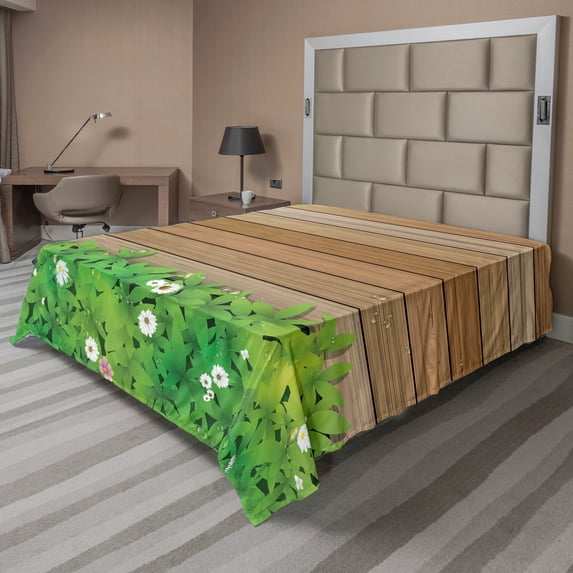 Ambesonne Floral Flat Sheet, Daisy Flower Garden, California King, Green Brown