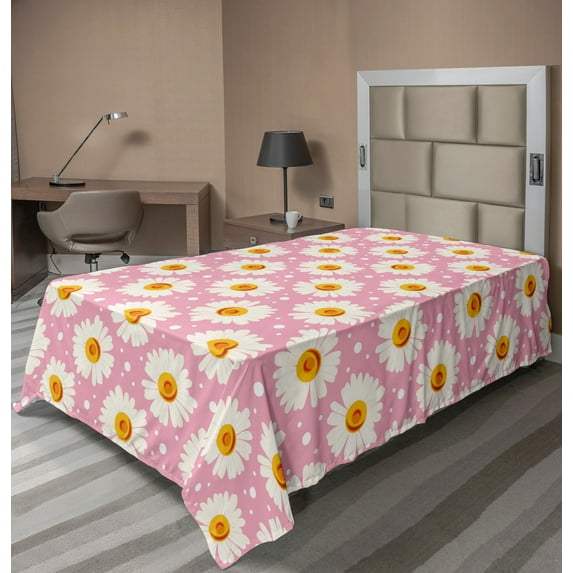 Ambesonne Floral Flat Sheet, Daisy Flowers and Circles, Twin Size, Pale Pink Orange White