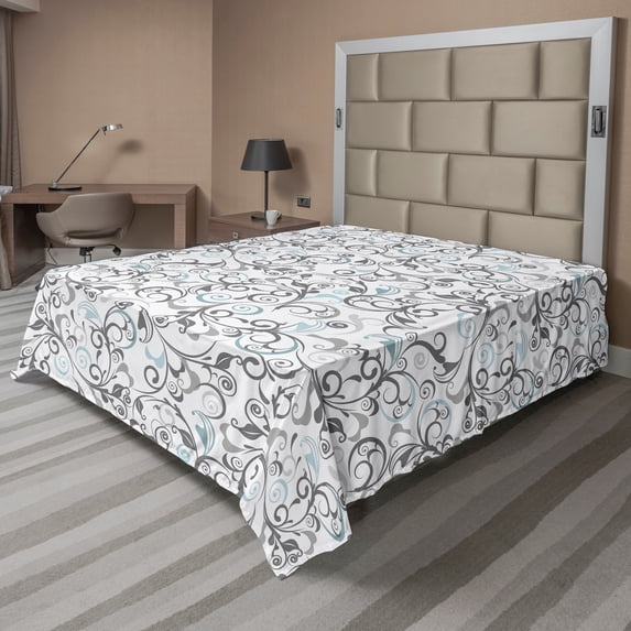 Ambesonne Floral Flat Sheet, Damask Antique Curls, Queen Size, Grey Pale Blue White
