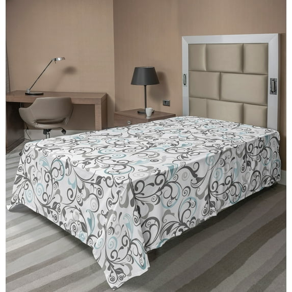 Ambesonne Floral Flat Sheet, Damask Antique Curls, TwinXL Size, Grey Pale Blue White