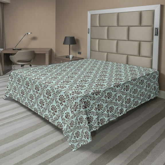 Ambesonne Floral Flat Sheet, Damask Inspired Oriental Art, California King, Dark Rosewood Pale Teal