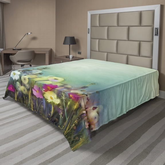 Ambesonne Floral Flat Sheet, Dandelion Daisy Poppy, King Size, Multicolor