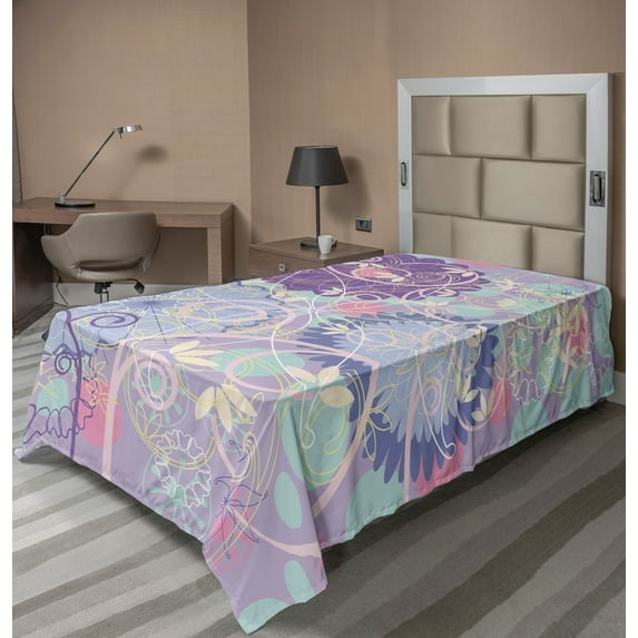 Ambesonne Floral Flat Sheet, Dandelions Leaves Swirls, TwinXL Size, Multicolor