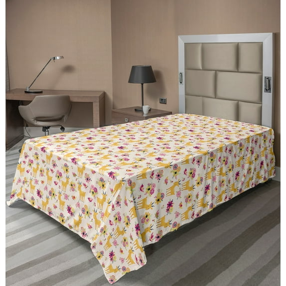 Ambesonne Floral Flat Sheet, Deer and Blossoming Flowers, TwinXL Size, Champagne and Multicolor