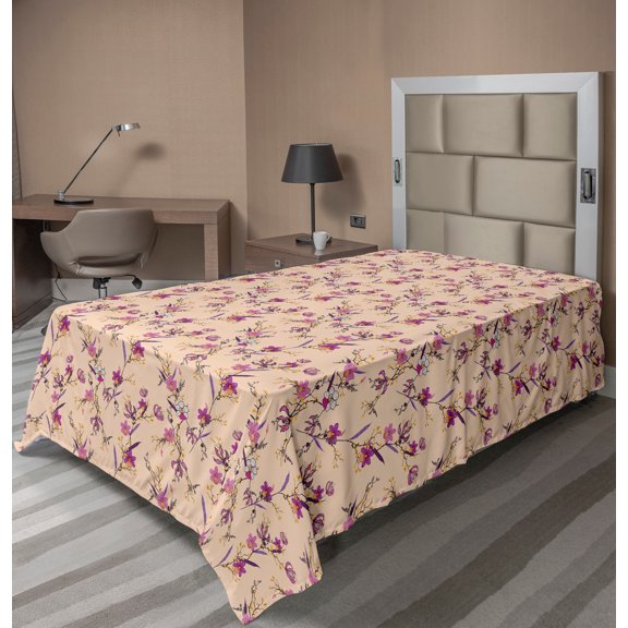 Ambesonne Floral Flat Sheet, Delicate Exotic Flowers, TwinXL Size, Dark Magenta Pale Peach