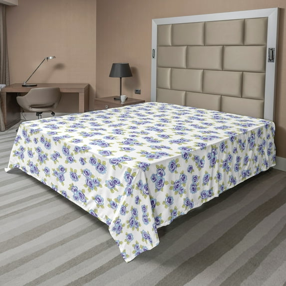 Ambesonne Floral Flat Sheet, Delicate Flower Art, California King, Ceil Blue White