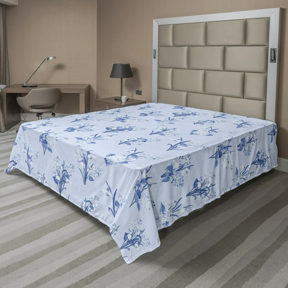 Ambesonne Floral Flat Sheet, Delicate Wild Flower Bundle, California King, Pale Blue Ceil Blue