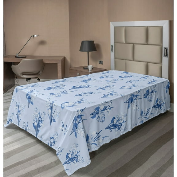 Ambesonne Floral Flat Sheet, Delicate Wild Flower Bundle, Twin Size, Pale Blue Ceil Blue