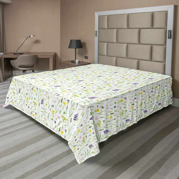 Ambesonne Floral Flat Sheet, Delicate Wild Flowers, King Size, Lime Green Violet