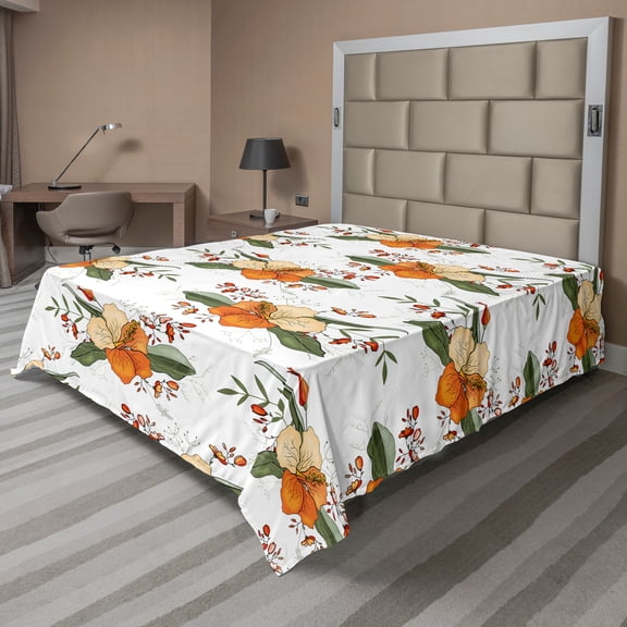 Ambesonne Floral Flat Sheet, Detailed Flower Sketches, Queen Size, White Orange Olive Green
