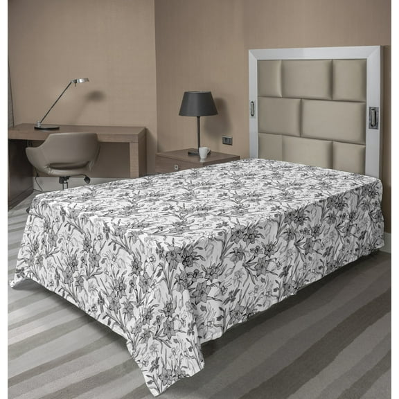 Ambesonne Floral Flat Sheet, Detailed Greyscale Flowers, Twin Size, Dimgray and Grey