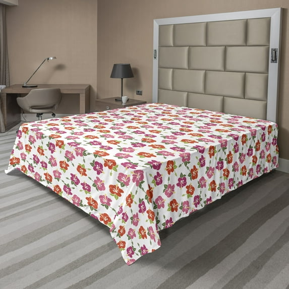 Ambesonne Floral Flat Sheet, Detailed Hibiscus Flowers, King Size, White and Multicolor