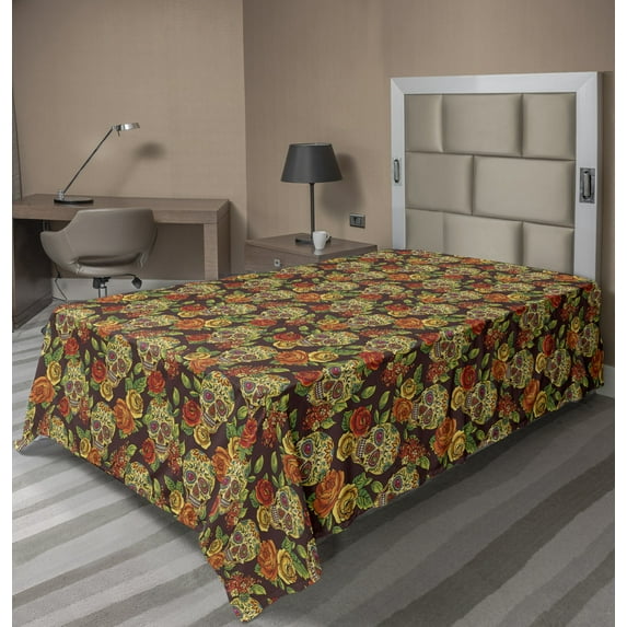 Ambesonne Floral Flat Sheet, Diamond Flowers Leaves, TwinXL Size, Pale Green Yellow Orange